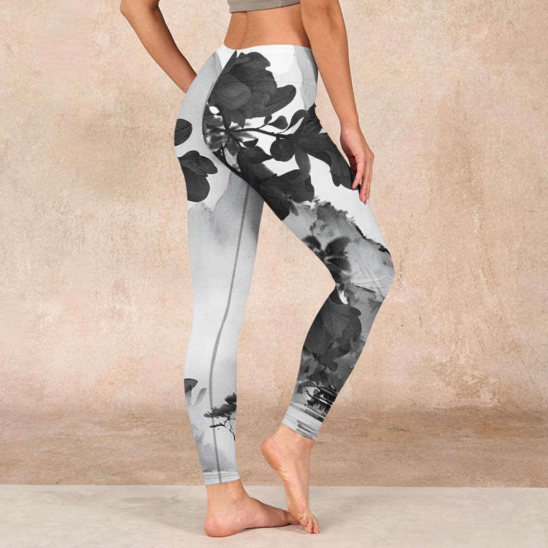 Ink Painting Trees Mountains Scenery Print Gym Leggings Women's Yoga Pants