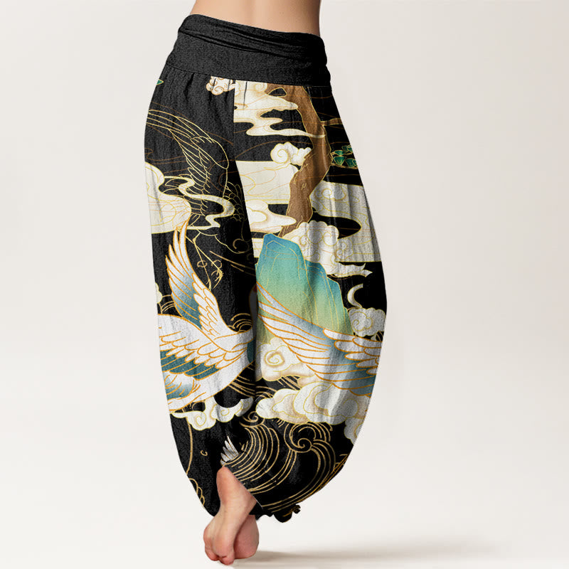 Flying Cranes Auspicious Clouds Tree?women's Elastic Waist Harem Pants