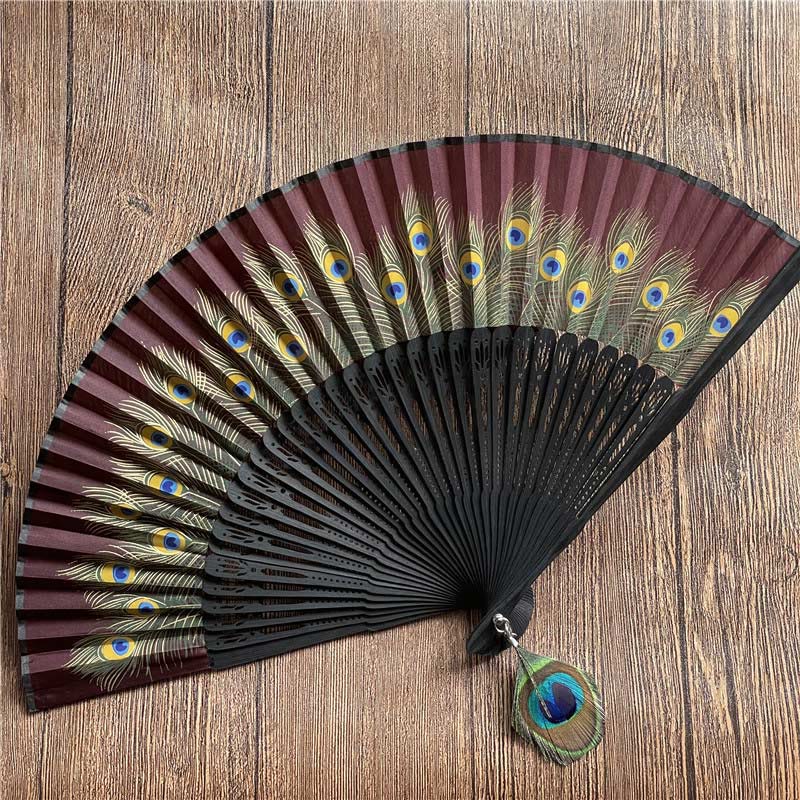 Peacock Feather Handheld Bamboo Folding Fan 21.5cm