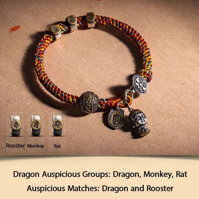 Handmade Tibetan 925 Sterling Silver Chinese Zodiac Natal mystic zen Zakiram Goddess of Wealth Protection Multicolored Rope Braided Bracelet