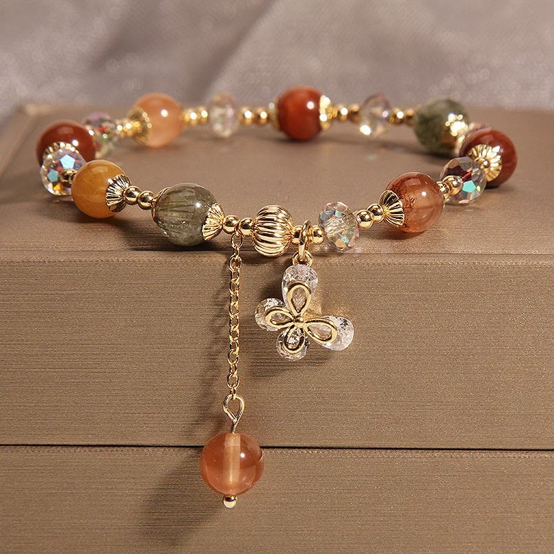 Natural Fu Lu Shou Rainbow Crystal Rutilated Quartz Wealth Butterfly Charm Bracelet