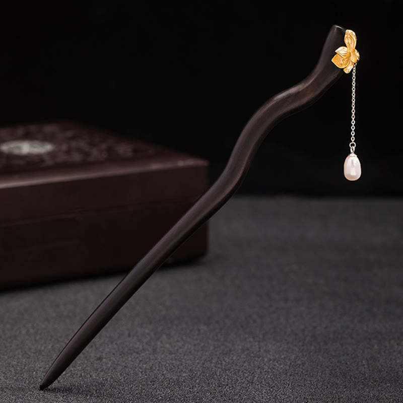 925 Sterling Silver Classical Chinese Style Ebony Lotus Flower Pearl Tassel Blessing Hairpin