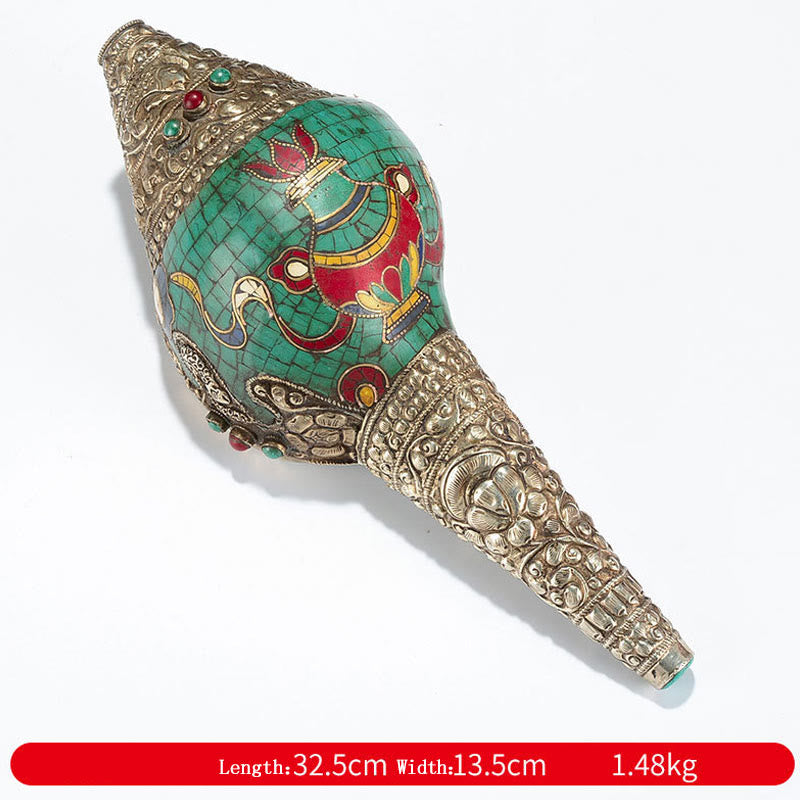 Tibetan Handmade Shankha Om Mani Padme Hum mystic zen Avalokitesvara Turquoise Conch Shell Positive Decoration