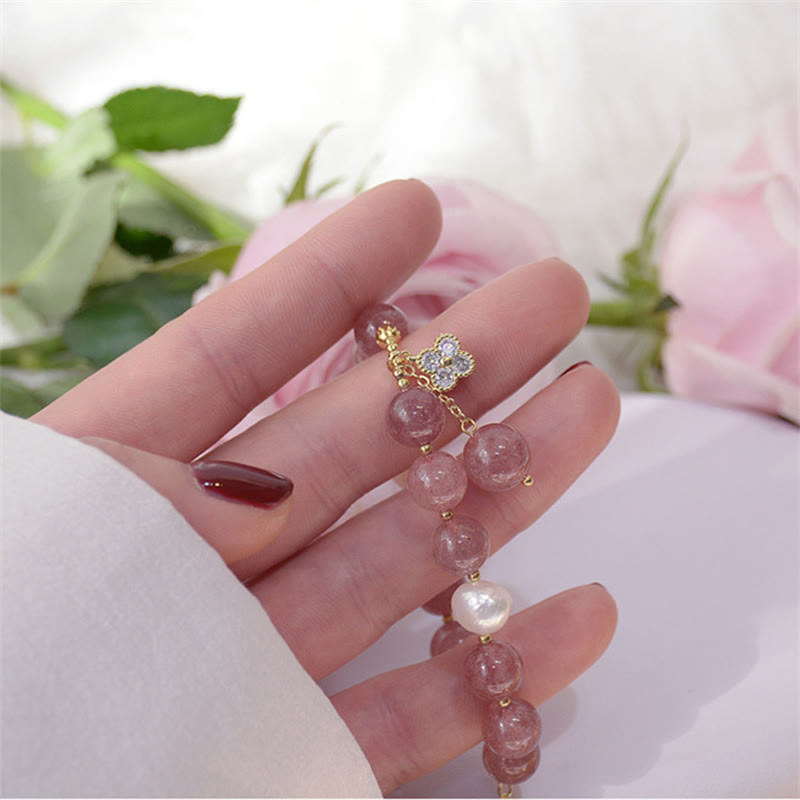 Natural Strawberry Quartz Pearl Four Leaf Clover Love Bracelet