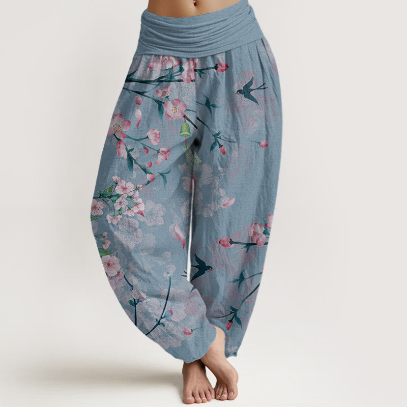 Peach Blossoms Flying Geese Pattern Women's Elastic Waist Harem Pants