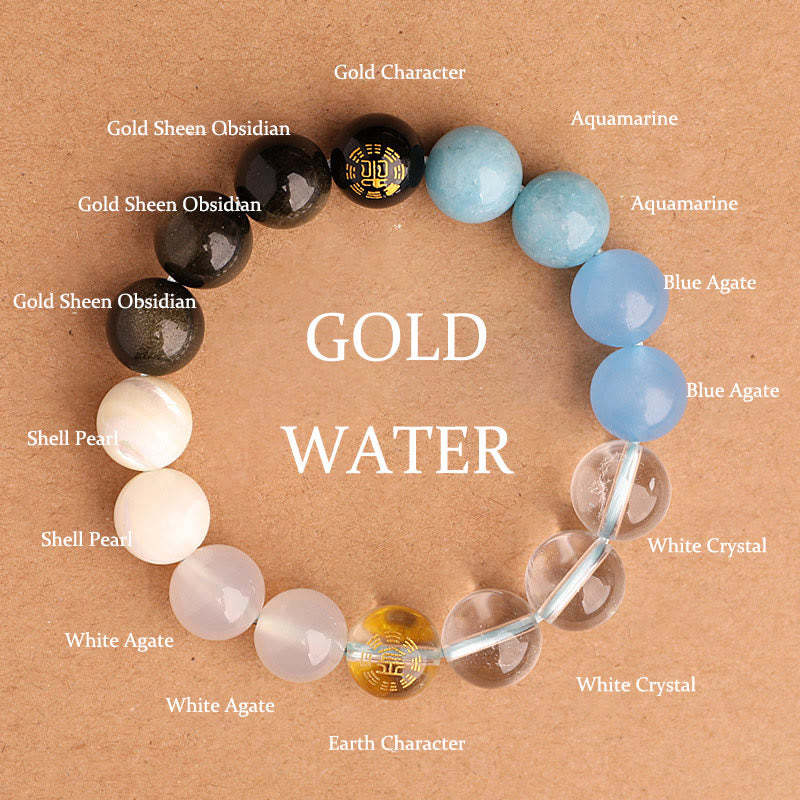Five Elements Various Agate Crystal Black Onyx Green Chalcedony Aquamarine Wisdom Bracelet