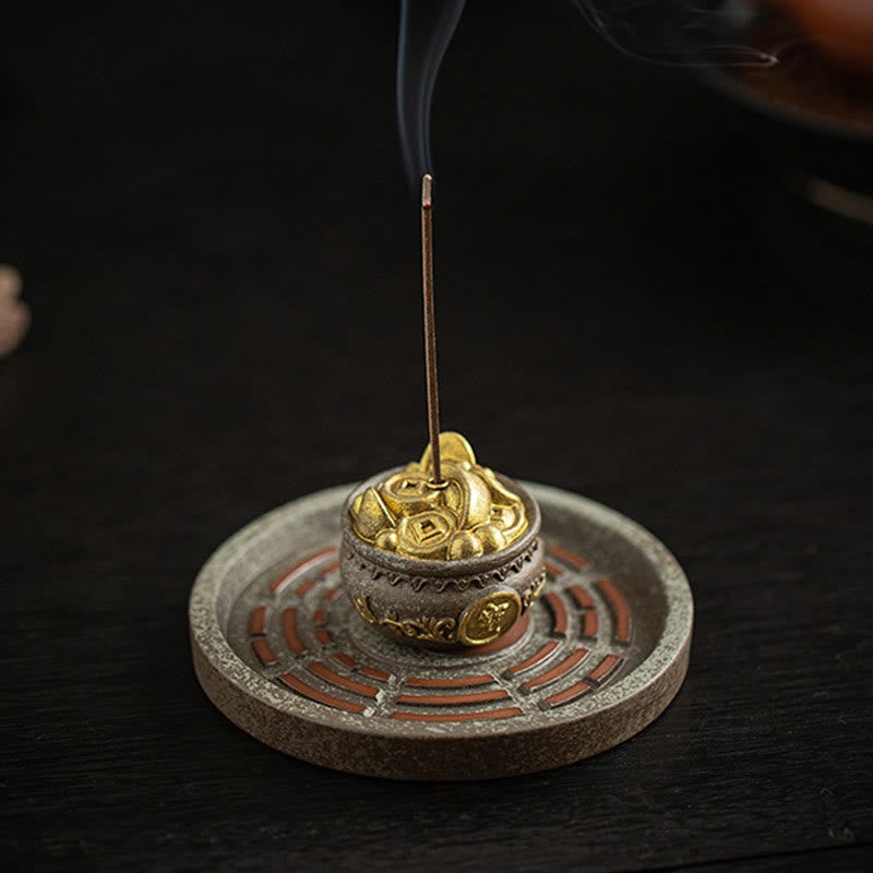 Small Treasure Bowl Lucky Bag Bagua Tray Healing Ceramic Stick Incense Burner Decoration