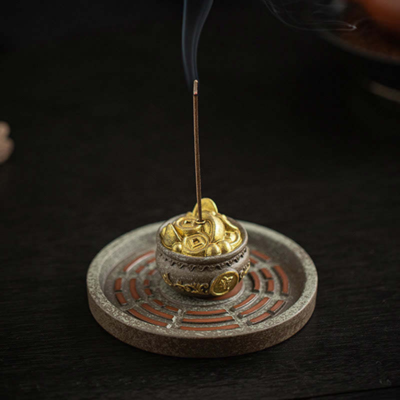 Small Treasure Bowl Lucky Bag Bagua Tray Healing Ceramic Stick Incense Burner Decoration