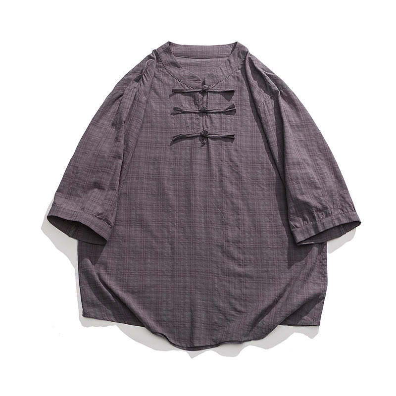 Frog-Button Plaid Pattern Chinese Tang Suit Half Sleeve Shirt Cotton Linen Men Clothing