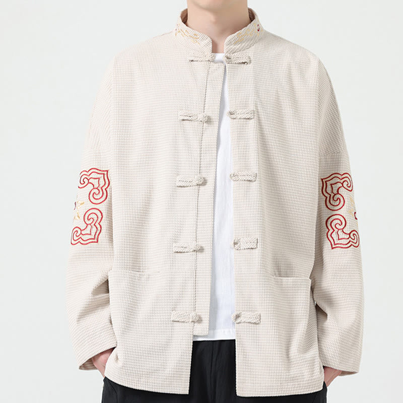 Men's Frog-button Tang Suit Symmetrical Embroidery Cotton Corduroy Jacket Shirt With Pockets