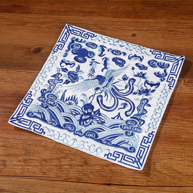 Crane Phoenix Dragon Kirin Embroidered Cup Mat Pad Tea Cup Coaster Square Kung Fu Tea Mat