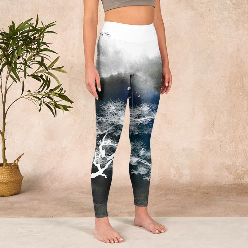 Ink Painting Pine Tree Print Gym Leggings Women's Yoga Pants