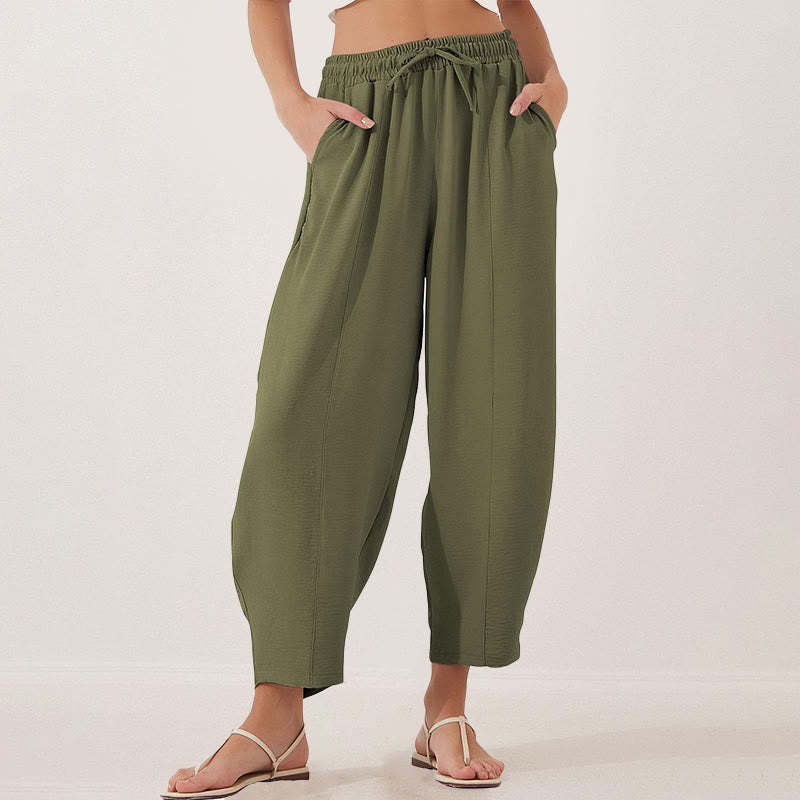 Casual Plain Loose Drawstring Women's Polyester 7/8 Length Pants  With Pockets