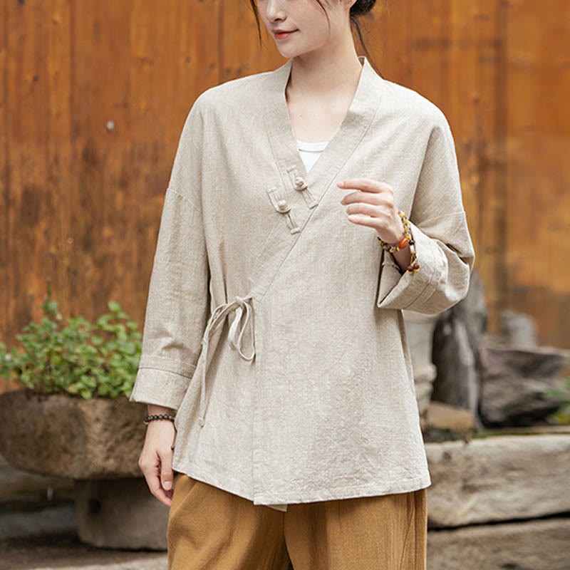Frog-Button Hanfu Design Shirt Top Ramie Linen Jacket