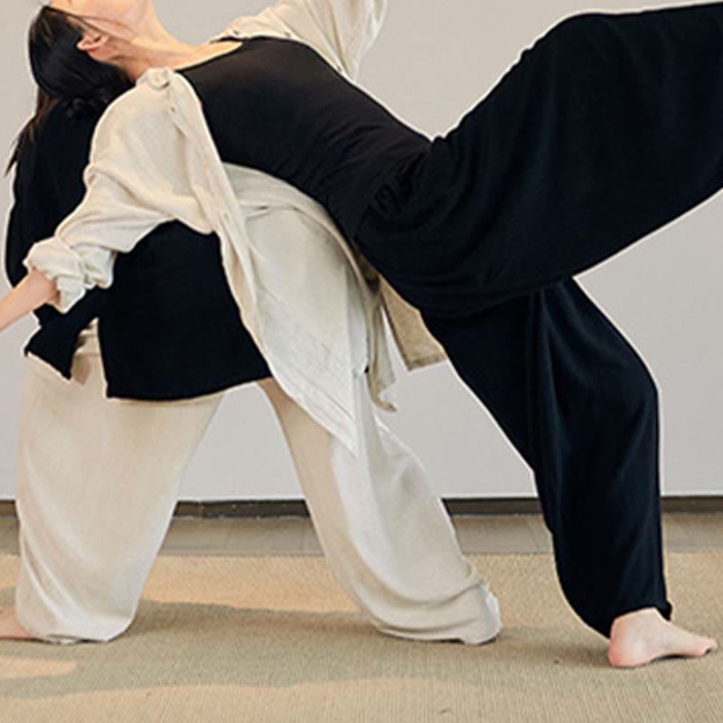 Plain Long Sleeve Coat Jacket Top Wide Leg Pants Zen Tai Chi Yoga Meditation Clothing