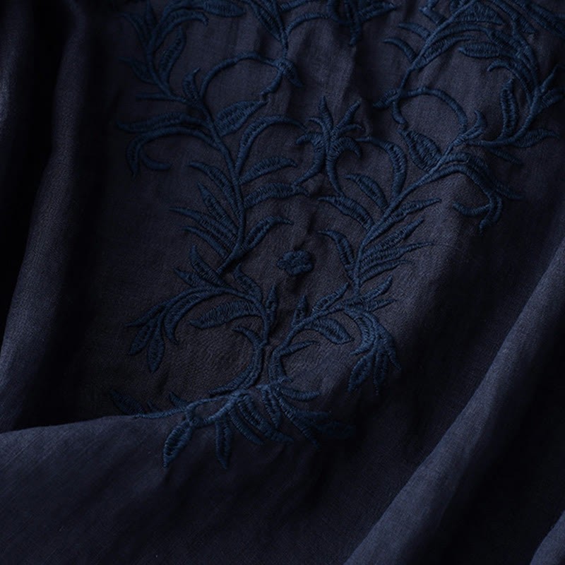 Vintage Casual Pure Leaf Embroidery V-Neck Half Sleeve Cotton Linen Women's T-Shirt