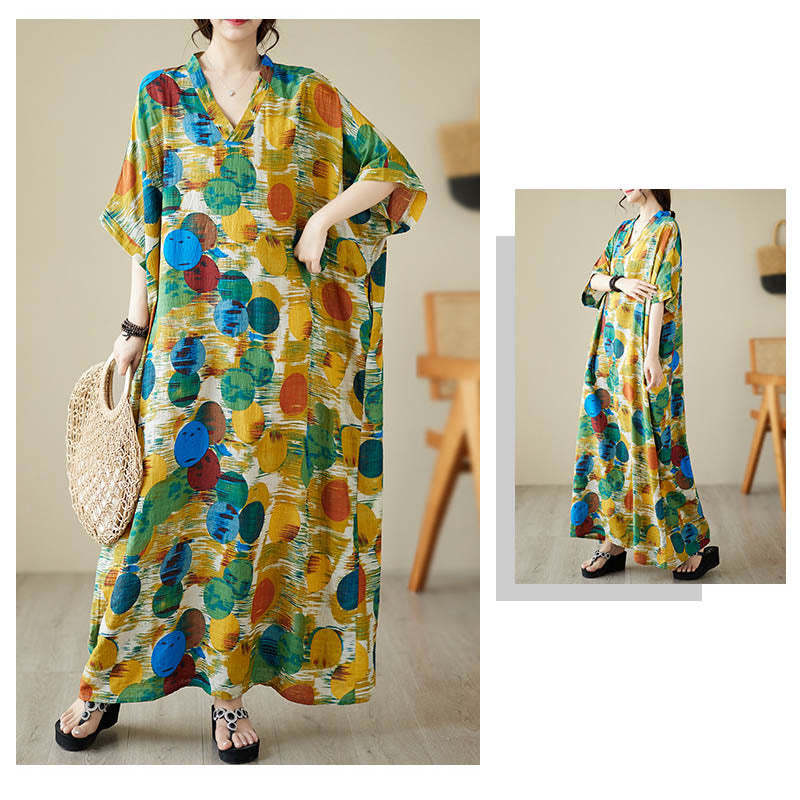 Orange Blue Colorful Polka Dots Midi Dress Cotton Half Sleeve Dress With Pockets