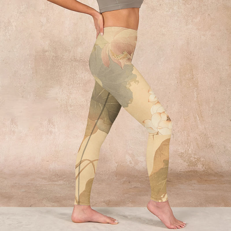 Lotus Flowers Leaves Print Gym Leggings Women's Yoga Pants