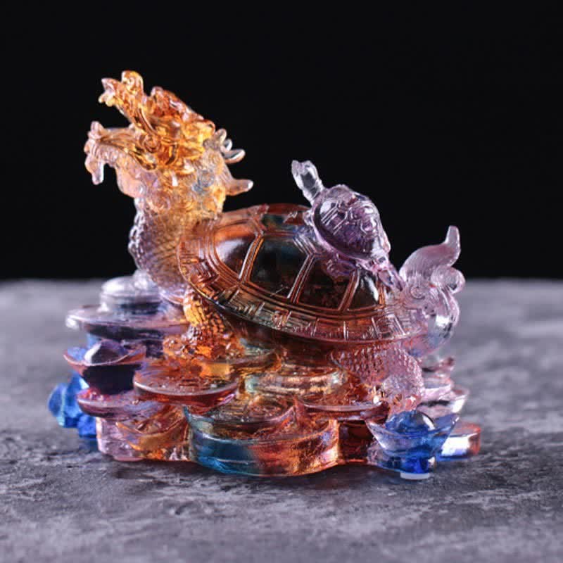 Feng Shui Dragon Turtle Coins Handmade Liuli Crystal Luck Art Piece Home Office Decoration