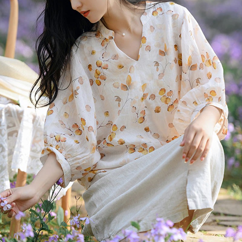 Fruits Leaves Pattern Lantern Sleeve Top Loose Tee T-shirt