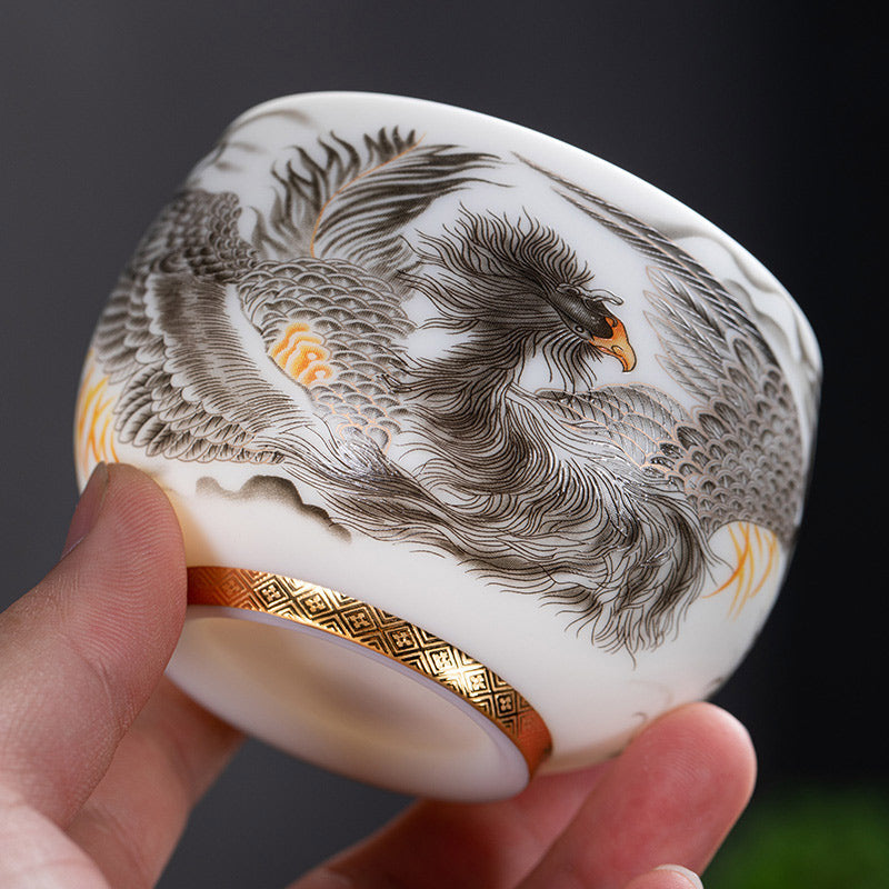 Phoenix White Porcelain Ceramic Teacup Kung Fu Tea Cup 185ml With Gift Box