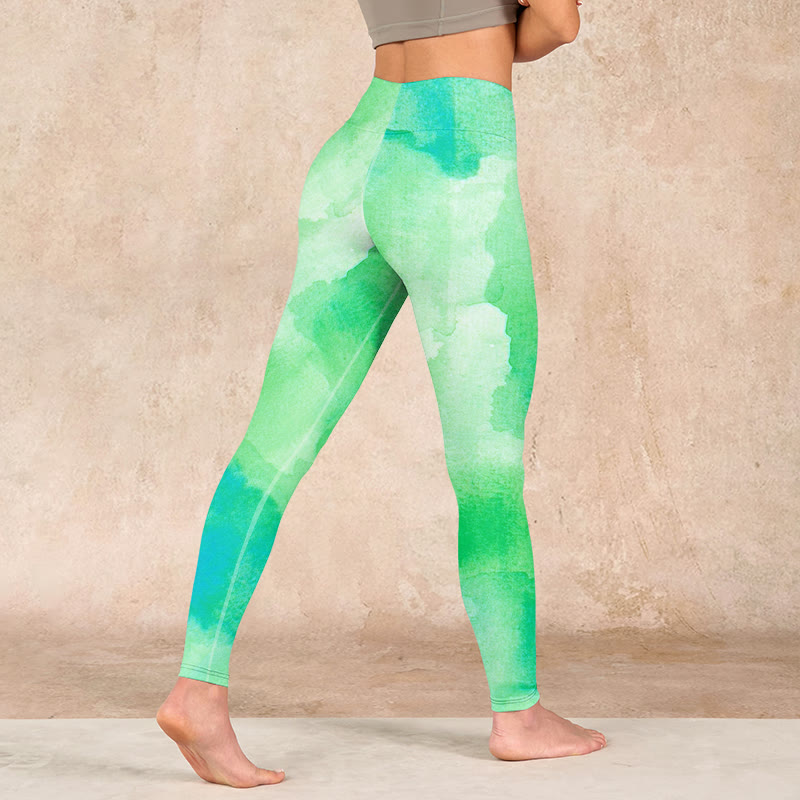 Green Ink Wash Pattern Gym Leggings Women's Yoga Pants