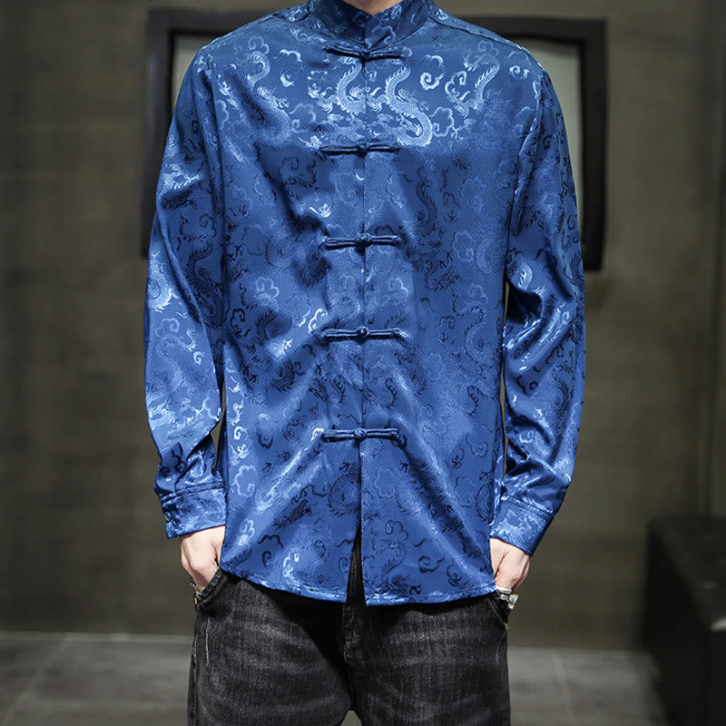 Casual Dragon Pattern Frog-button Tang Suit Linen Men's Jacket Shirt