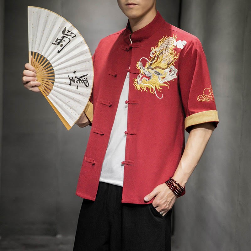 Frog-Button Chinese Dragon Auspicious Cloud Embroidery Half Sleeve Shirt Cotton Linen Men Clothing