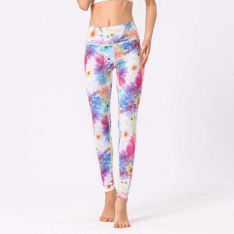 Multicolored Print Flowers Pants Sports Exercise Fitness High Waist Leggings Women's Yoga Pants