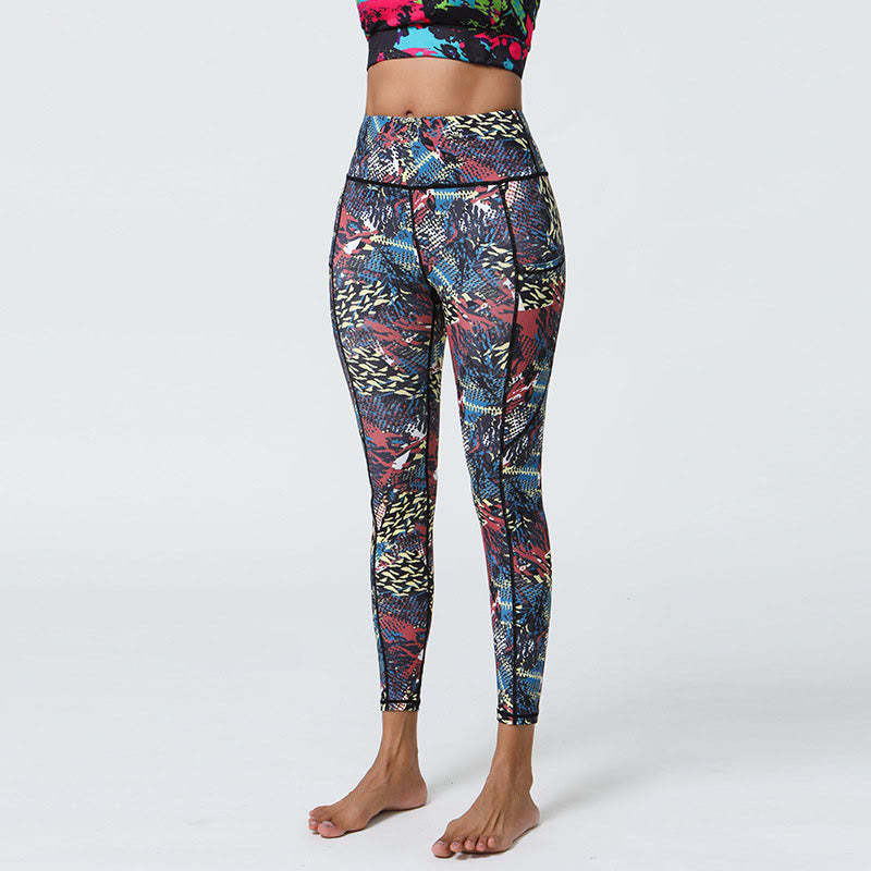 Rose Lines Tiger Leopard Print Sports Fitness High Waist Leggings Women's Yoga Pants With Pockets