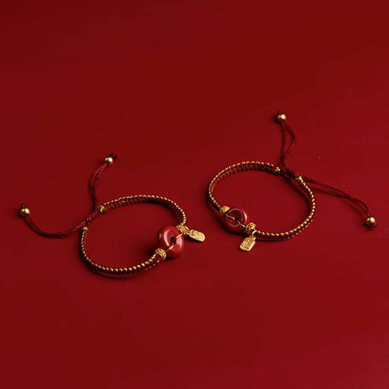 Natural Cinnabar Peace Buckle Fu Character Charm Blessing Braided Bracelet