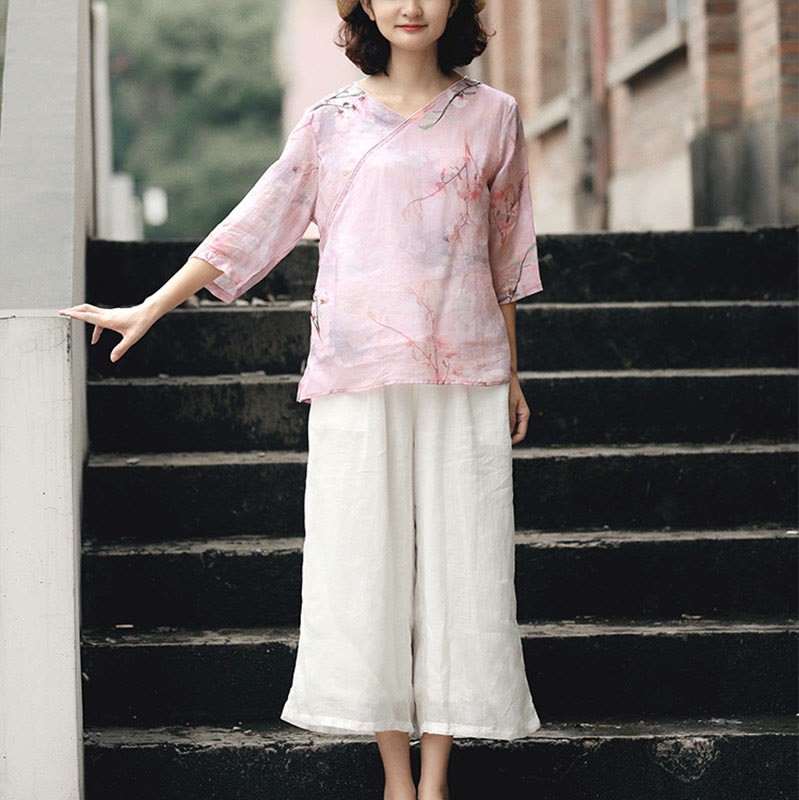 V-Neck Pink Flower Pattern Ramie Linen Blouse Three Quarter Sleeve Shirt Top
