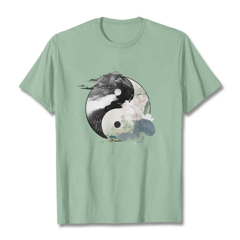 Yin Yang Lotus Leaf Ink Painting Cotton Tee T-shirt