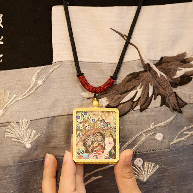 Tibetan Zakiram Nine-Tailed Fox Yellow God of Wealth Painted Thangka Hope Necklace Pendant