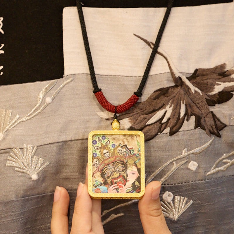 Tibetan Zakiram Nine-Tailed Fox Yellow God of Wealth Painted Thangka Hope Necklace Pendant