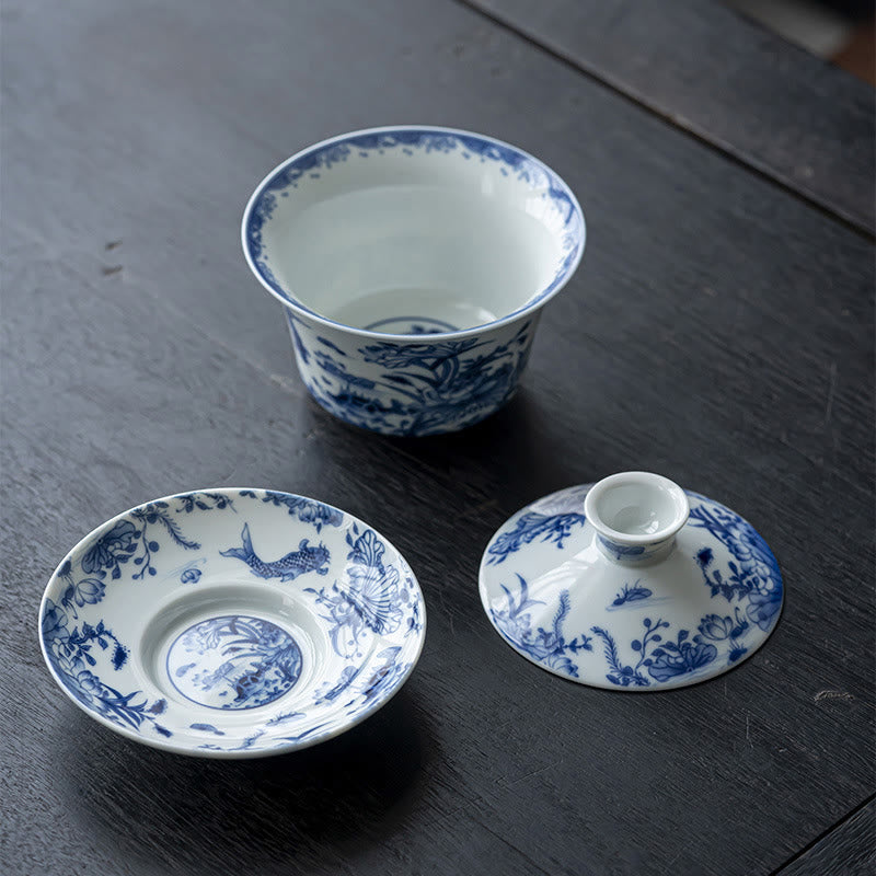 Blue And White Porcelain Lotus Koi Fish Lion Dance Watermelon Ceramic Gaiwan Sancai Teacup Kung Fu Tea Cup And Saucer With Lid 300ml
