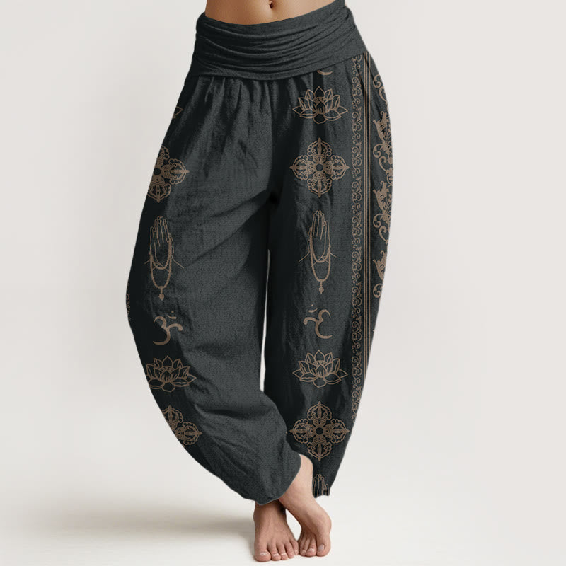 Lotus Flowers Double Dorje Vajra Namaste Om Design Women's Elastic Waist Harem Pants