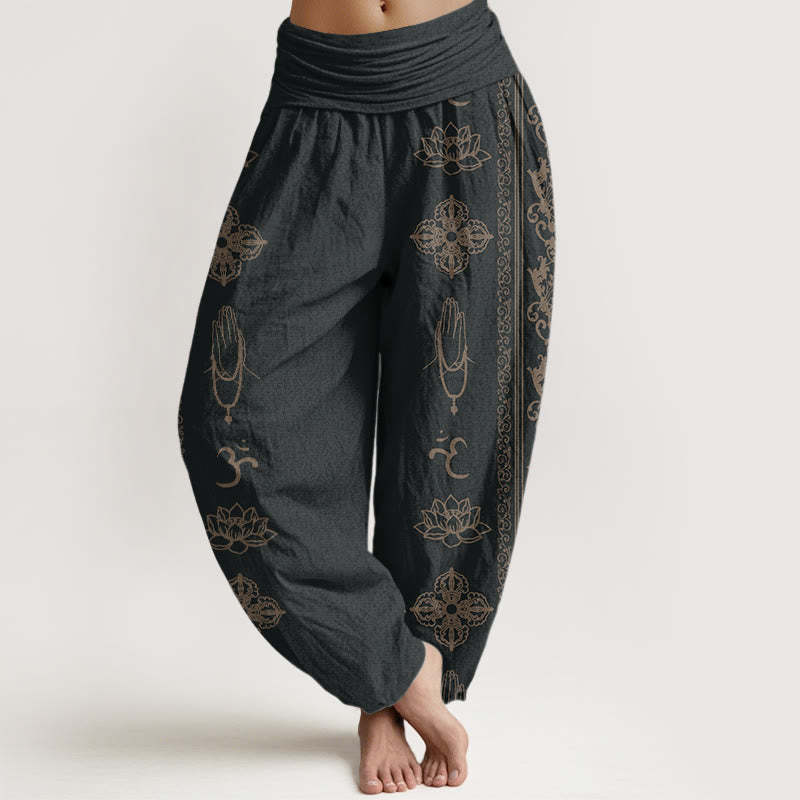 Lotus Flowers Double Dorje Vajra Namaste Om Design Women's Elastic Waist Harem Pants