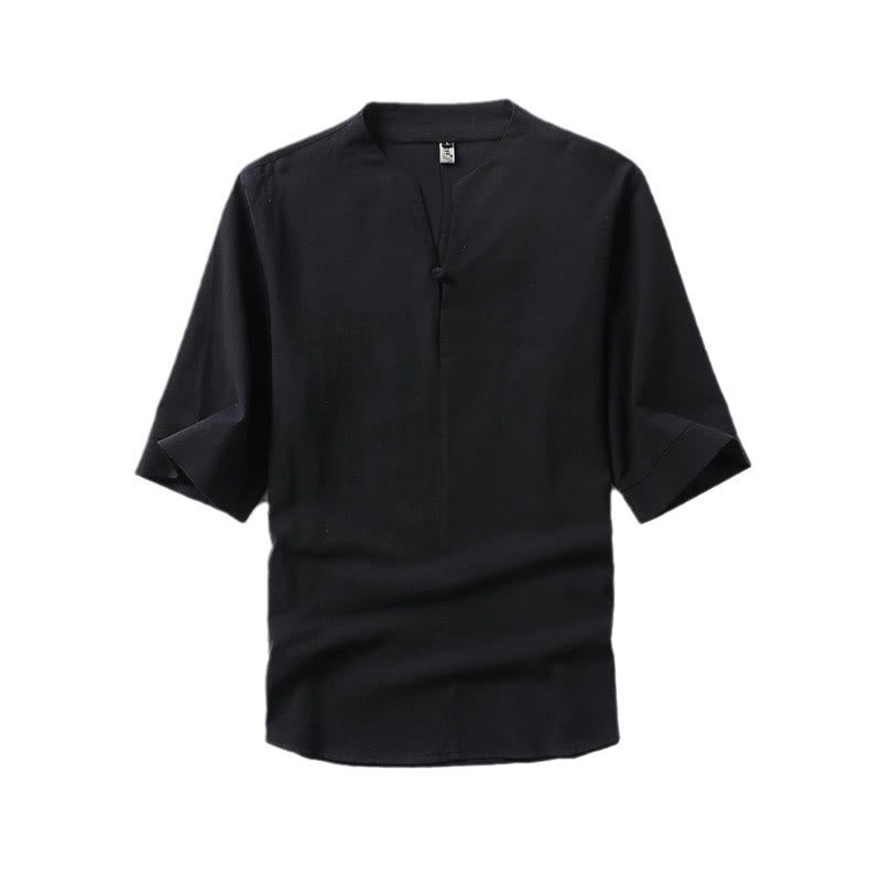 Casual Plain Color One Button Three Quarter Sleeve Cotton Linen Men's Shirt