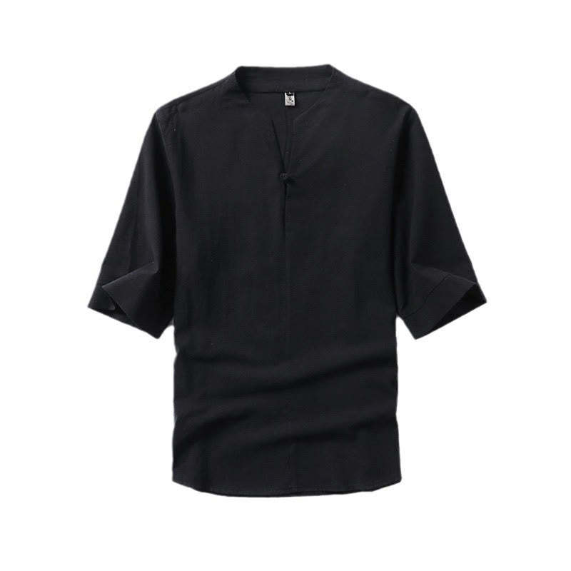 Casual Plain Color One Button Three Quarter Sleeve Cotton Linen Men's Shirt