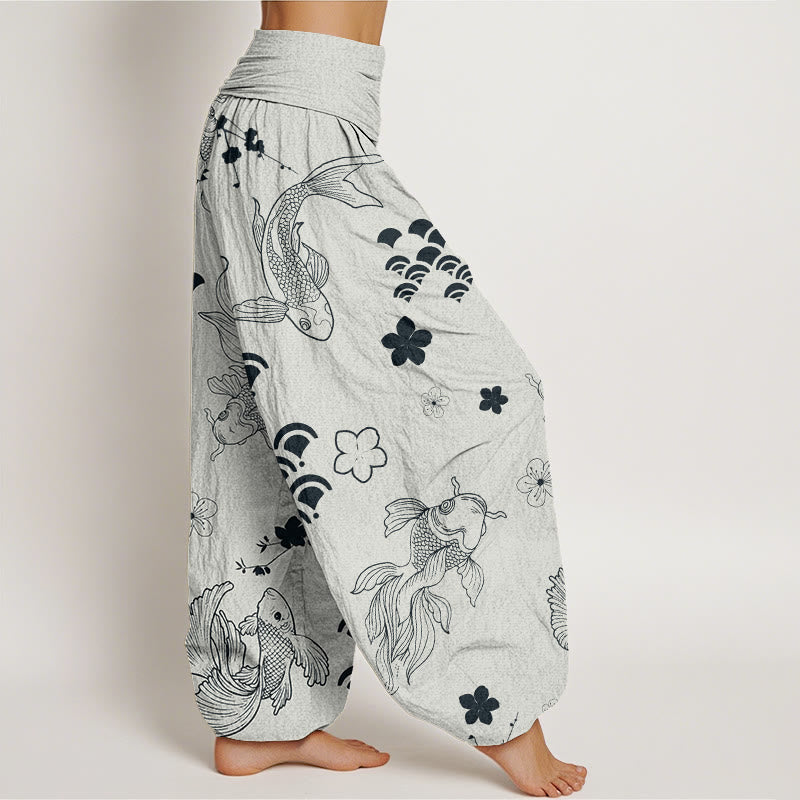 Koi Fish Waves Flowers Design Women's Elastic Waist Harem Pants