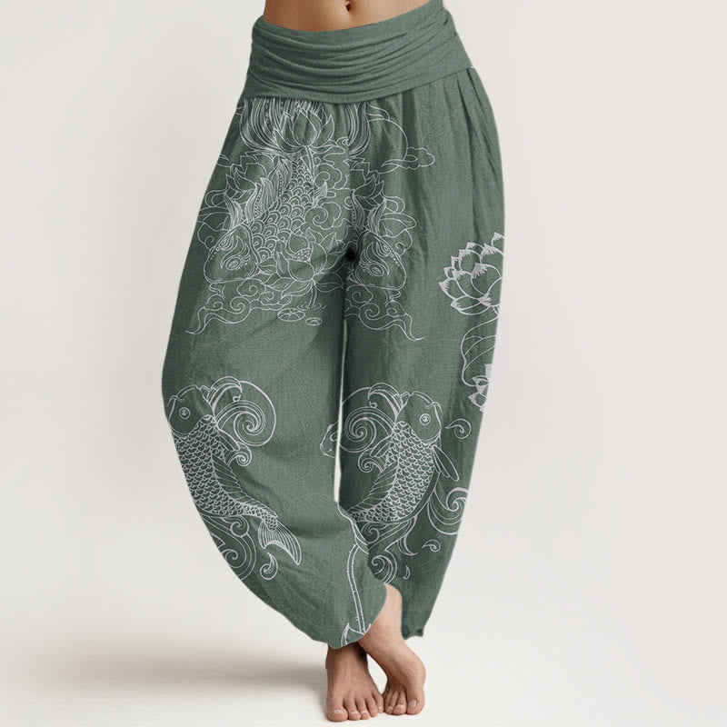 Koi Fish Auspicious Clouds Lotus Flowers Design Women's Elastic Waist Harem Pants