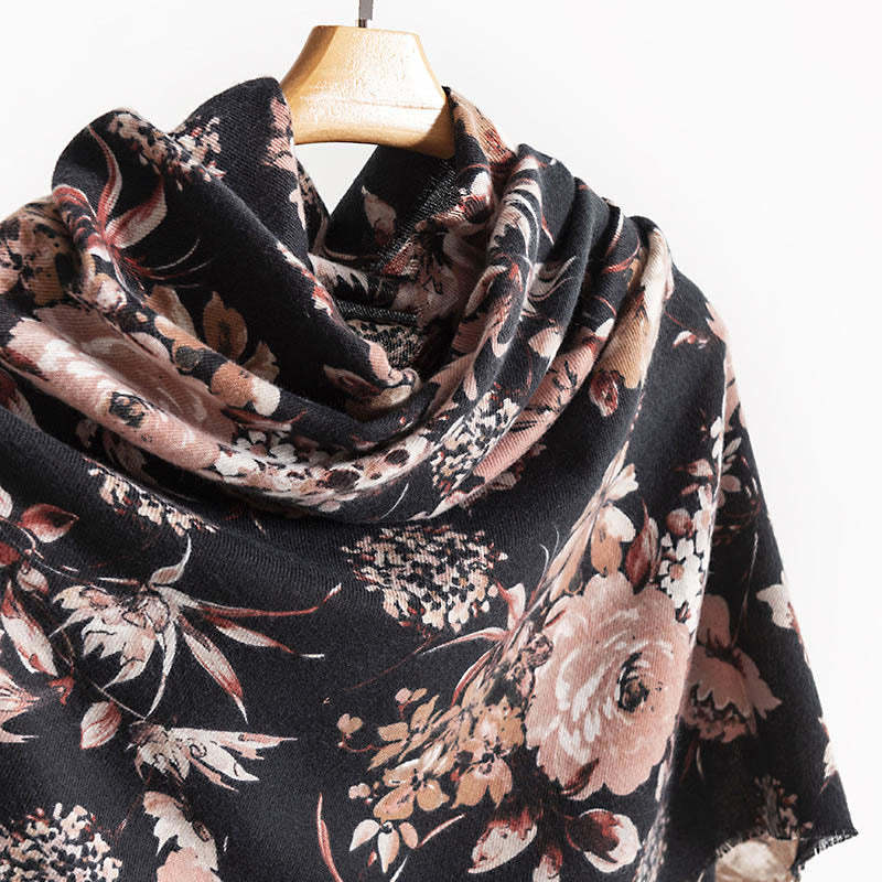 Tibetan Blooming Chrysanthemum Rose Flower Print Shawl Fall Winter Soft Warm Scarf Wrap