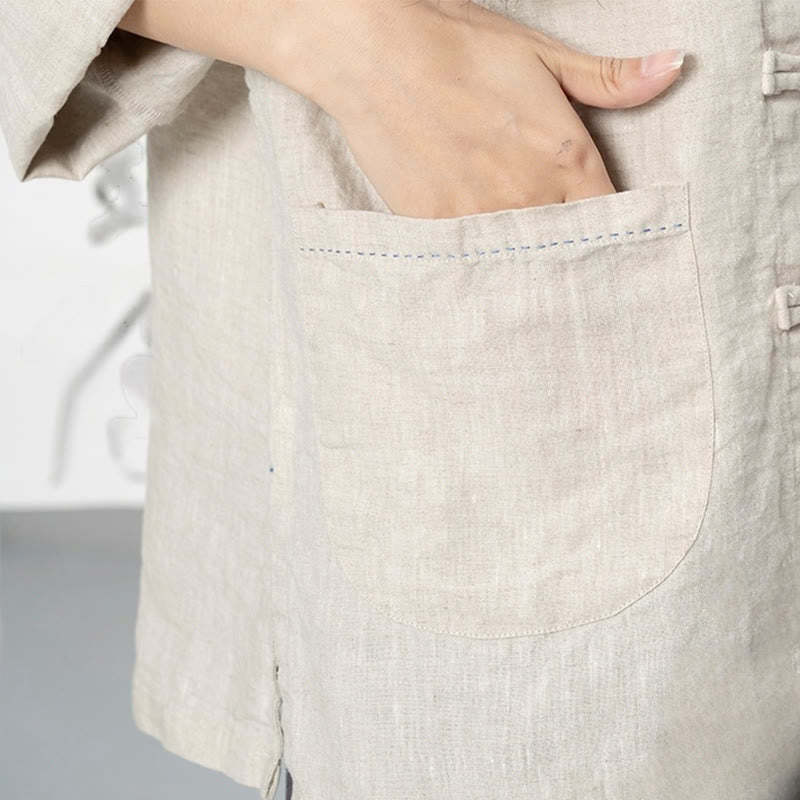 Solid Color Frog-button Long Sleeve Linen Women's Shirts With Pockets