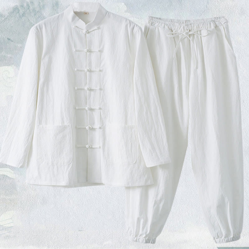 Meditation Frog-Button Tang Long Sleeve Shirt Pants Men's Suit
