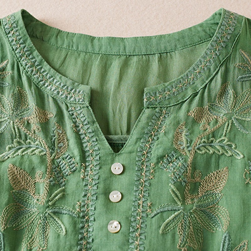 Casual Embroidery Plants Women's V-Neck Design Half Sleeve Cotton Blended Shirt