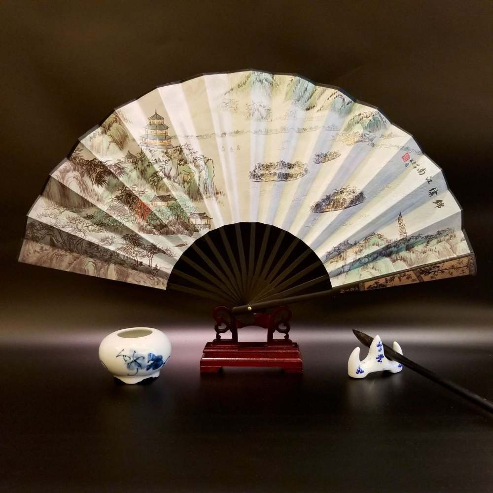 Great Wall Mountains Trees Crane Bamboo Handheld Bamboo Folding Fan 33.5cm