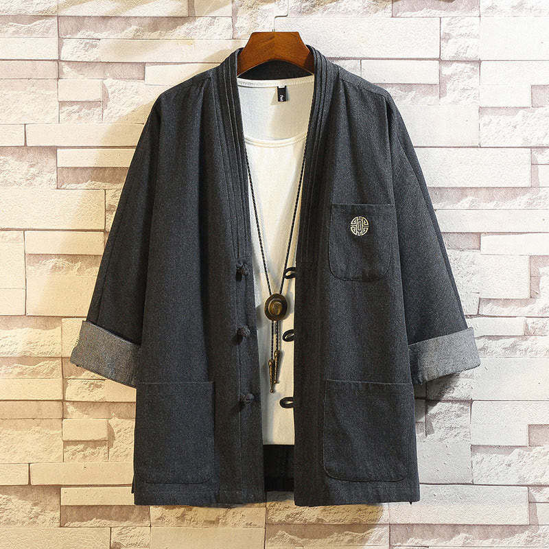 Men's Frog-Button Tang Suit Three Quarter Sleeve Jacket Shirt With Pockets
