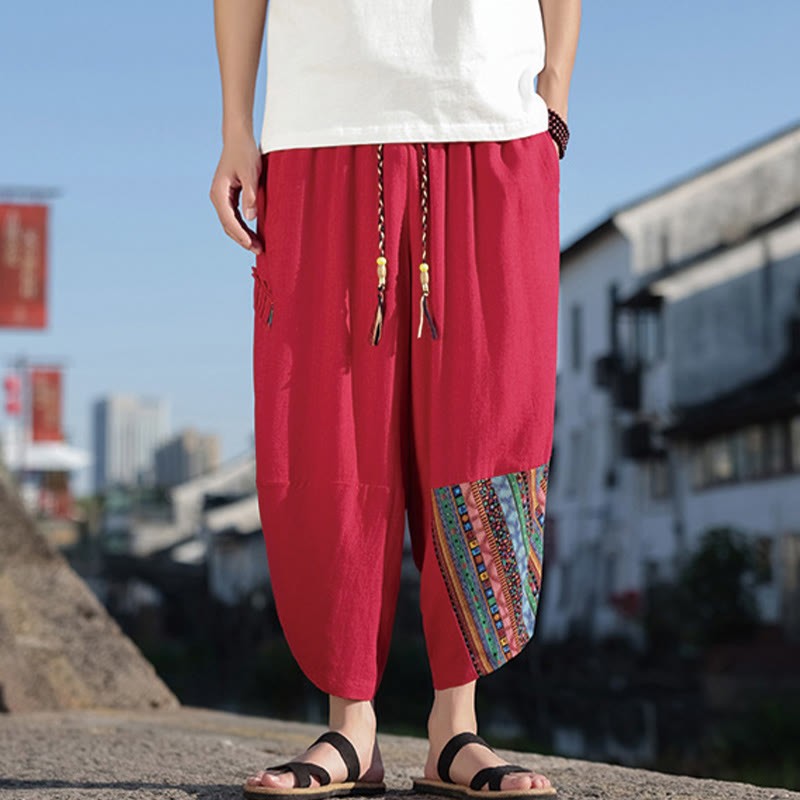 Bohemian Patchwork Pattern Cotton Drawstring Men's Wide Leg Pants With Pockets