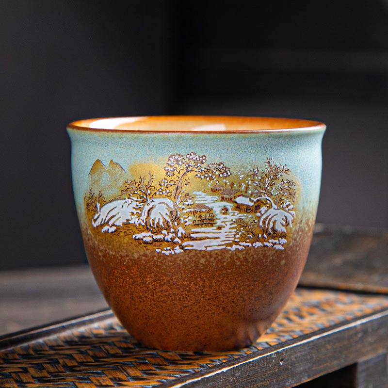 Colorful Deer Pipa Snow Plum Blossoms Mountains Rivers Bird Ceramic Teacup Kung Fu Tea Cup Bowl